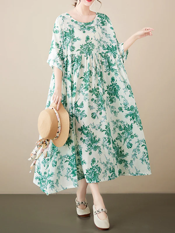 Loose Short Sleeves Floral Printed Pleated Split-Joint Round-Neck Midi Dresses - Image 3