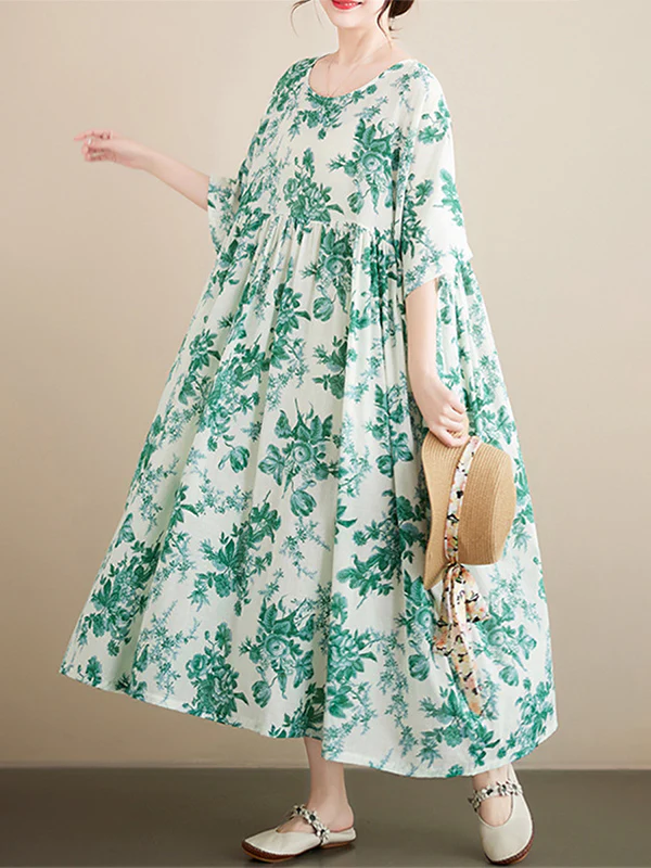 Loose Short Sleeves Floral Printed Pleated Split-Joint Round-Neck Midi Dresses - Image 4