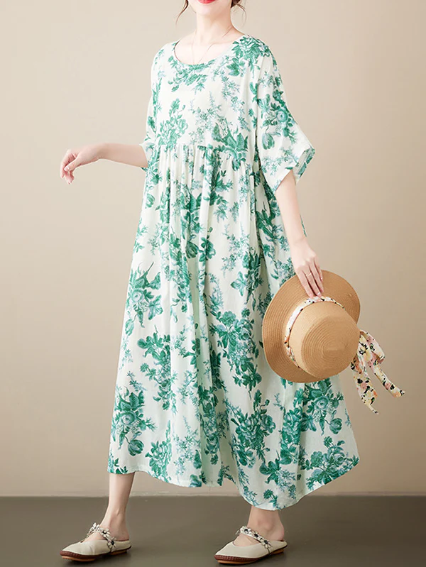 Loose Short Sleeves Floral Printed Pleated Split-Joint Round-Neck Midi Dresses - Image 5