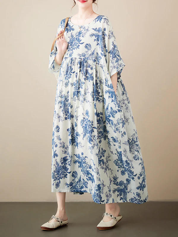 Loose Short Sleeves Floral Printed Pleated Split-Joint Round-Neck Midi Dresses - Image 6
