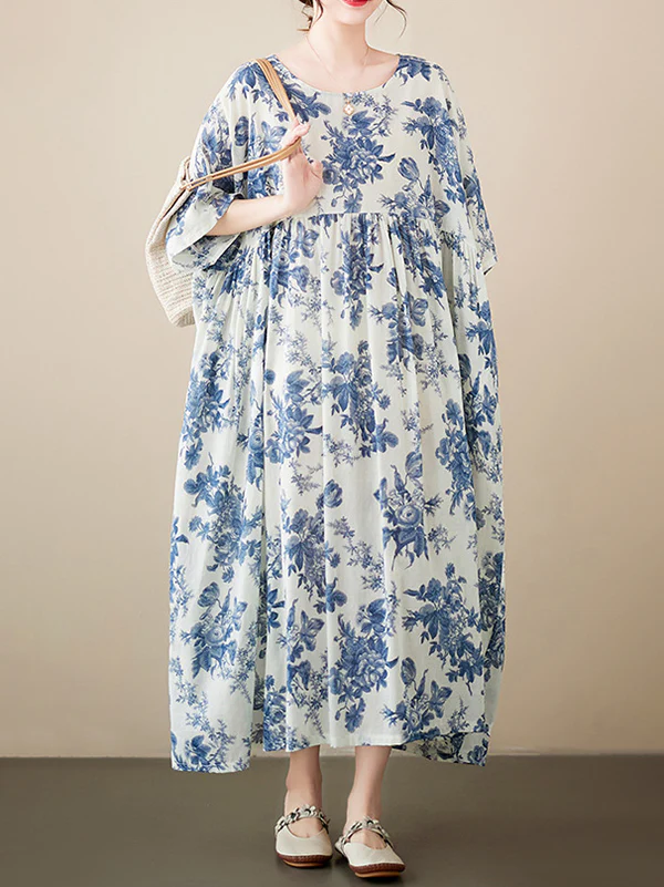 Loose Short Sleeves Floral Printed Pleated Split-Joint Round-Neck Midi Dresses - Image 7
