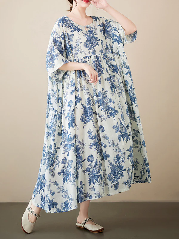 Loose Short Sleeves Floral Printed Pleated Split-Joint Round-Neck Midi Dresses - Image 8