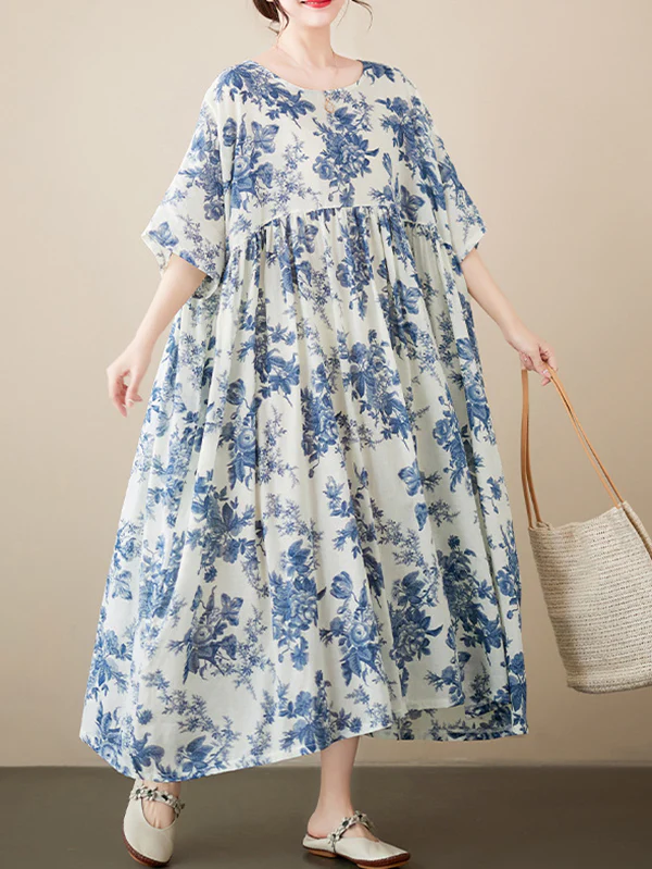 Loose Short Sleeves Floral Printed Pleated Split-Joint Round-Neck Midi Dresses - Image 9