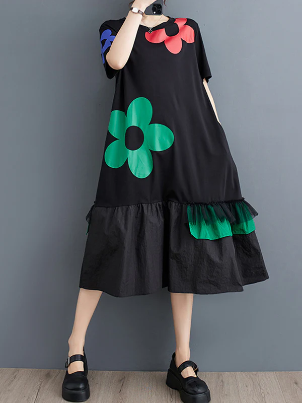 Loose Short Sleeves Floral Printed Split-Joint Round-Neck Midi Dresses - Image 2