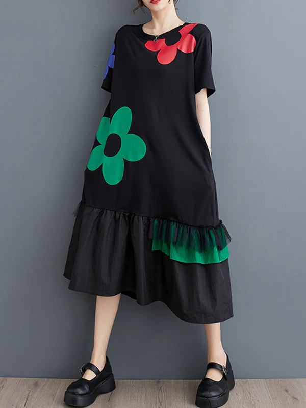 Loose Short Sleeves Floral Printed Split-Joint Round-Neck Midi Dresses - Image 3