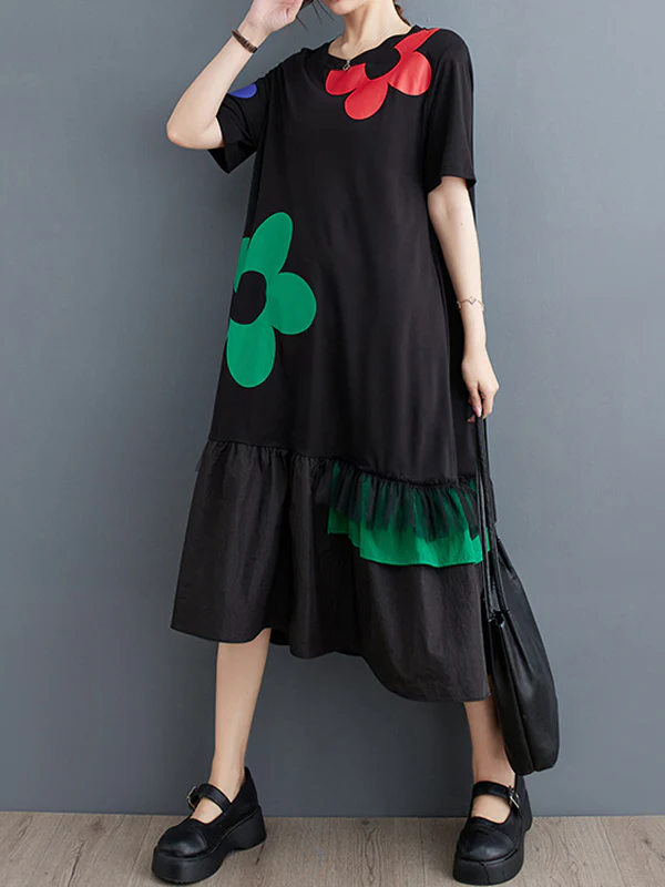 Loose Short Sleeves Floral Printed Split-Joint Round-Neck Midi Dresses - Image 4