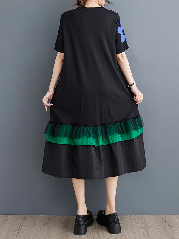 Loose Short Sleeves Floral Printed Split-Joint Round-Neck Midi Dresses - Image 5