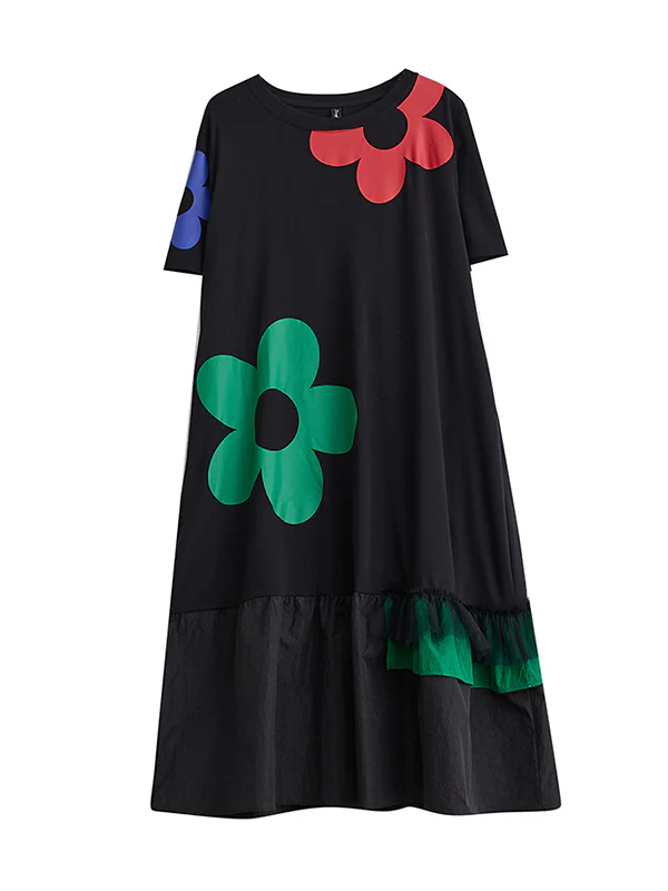Loose Short Sleeves Floral Printed Split-Joint Round-Neck Midi Dresses - Image 6