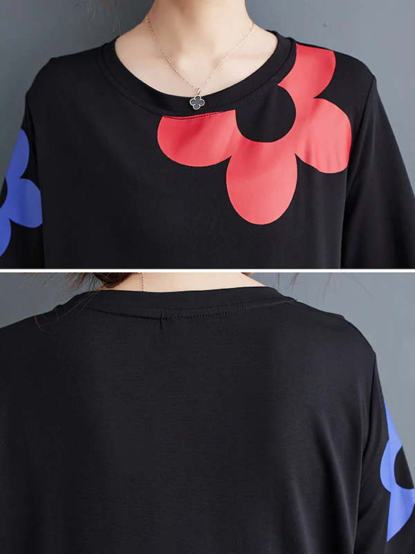 Loose Short Sleeves Floral Printed Split-Joint Round-Neck Midi Dresses - Image 7