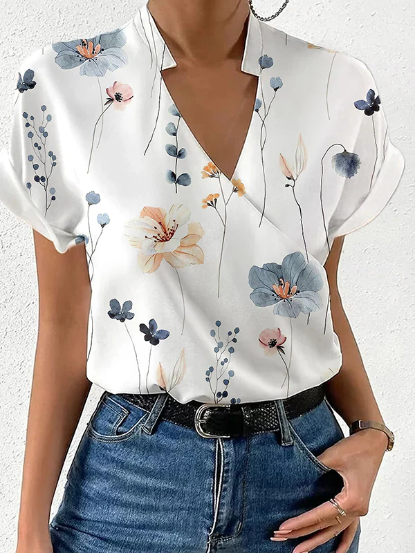 Loose Short Sleeves Floral Printed Split-Joint Stand Collar Blouses&Shirts Tops - Image 2