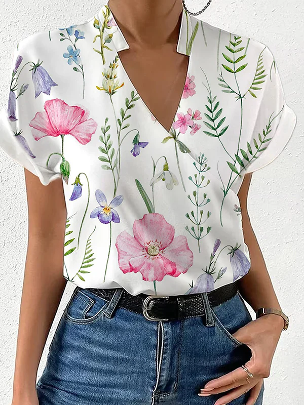 Loose Short Sleeves Floral Printed Split-Joint Stand Collar Blouses&Shirts Tops - Image 3
