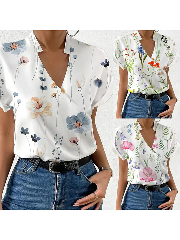 Loose Short Sleeves Floral Printed Split-Joint Stand Collar Blouses&Shirts Tops - Image 4