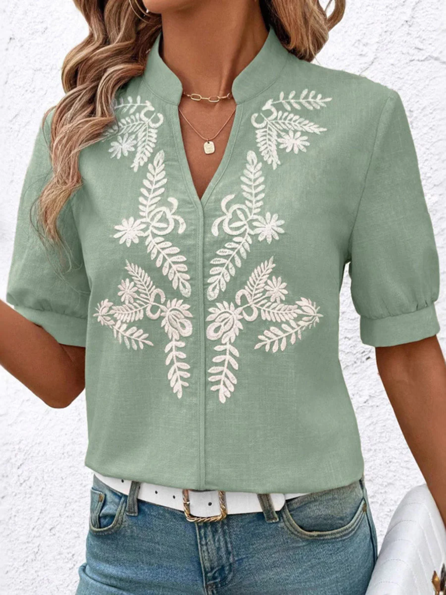 Loose Short Sleeves Flower-Embellished Contrast Color Split-Joint Stand Collar Blouses&Shirts Tops - Image 12