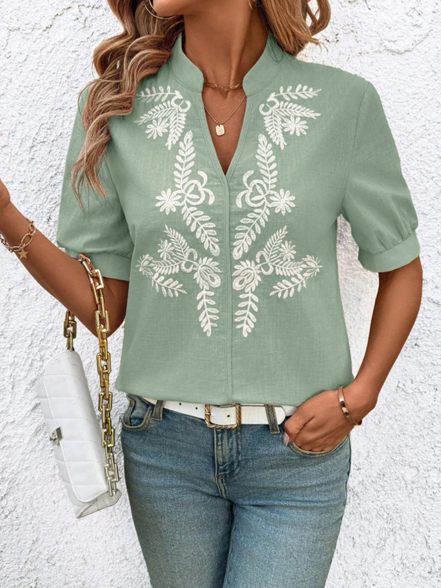 Loose Short Sleeves Flower-Embellished Contrast Color Split-Joint Stand Collar Blouses&Shirts Tops - Image 13