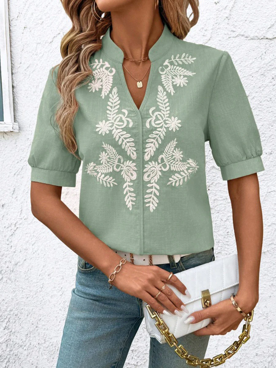 Loose Short Sleeves Flower-Embellished Contrast Color Split-Joint Stand Collar Blouses&Shirts Tops - Image 14