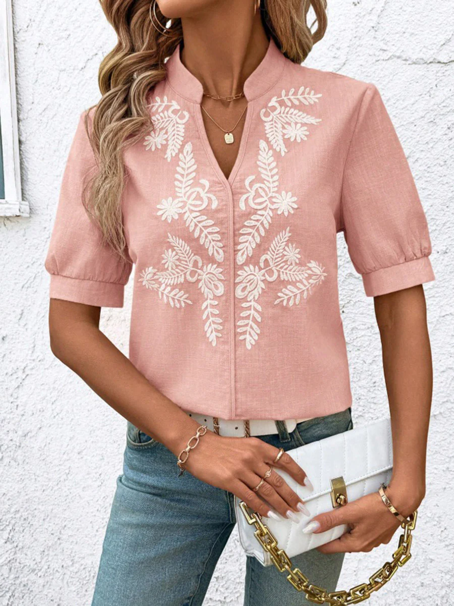 Loose Short Sleeves Flower-Embellished Contrast Color Split-Joint Stand Collar Blouses&Shirts Tops - Image 16