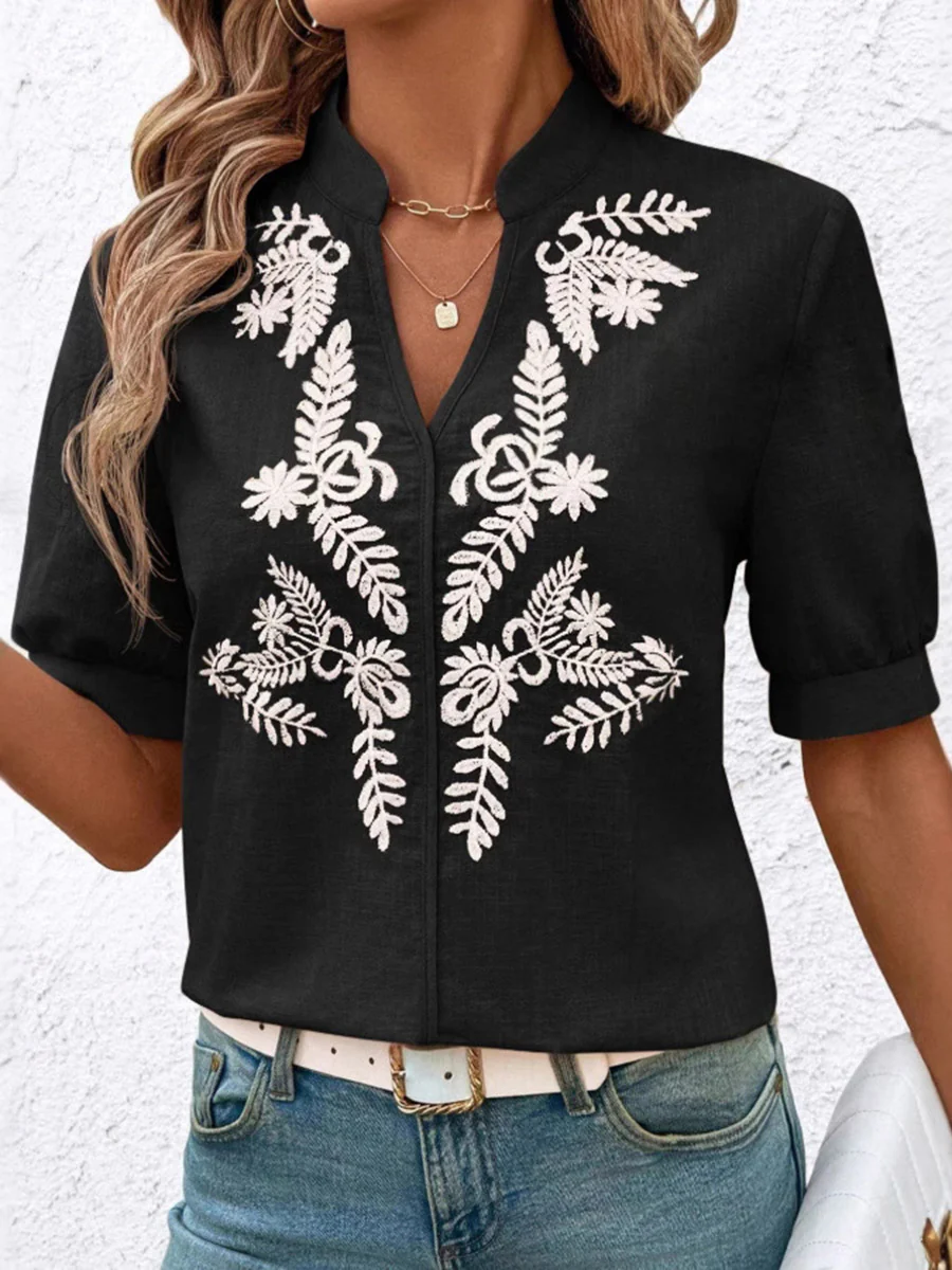 Loose Short Sleeves Flower-Embellished Contrast Color Split-Joint Stand Collar Blouses&Shirts Tops - Image 2