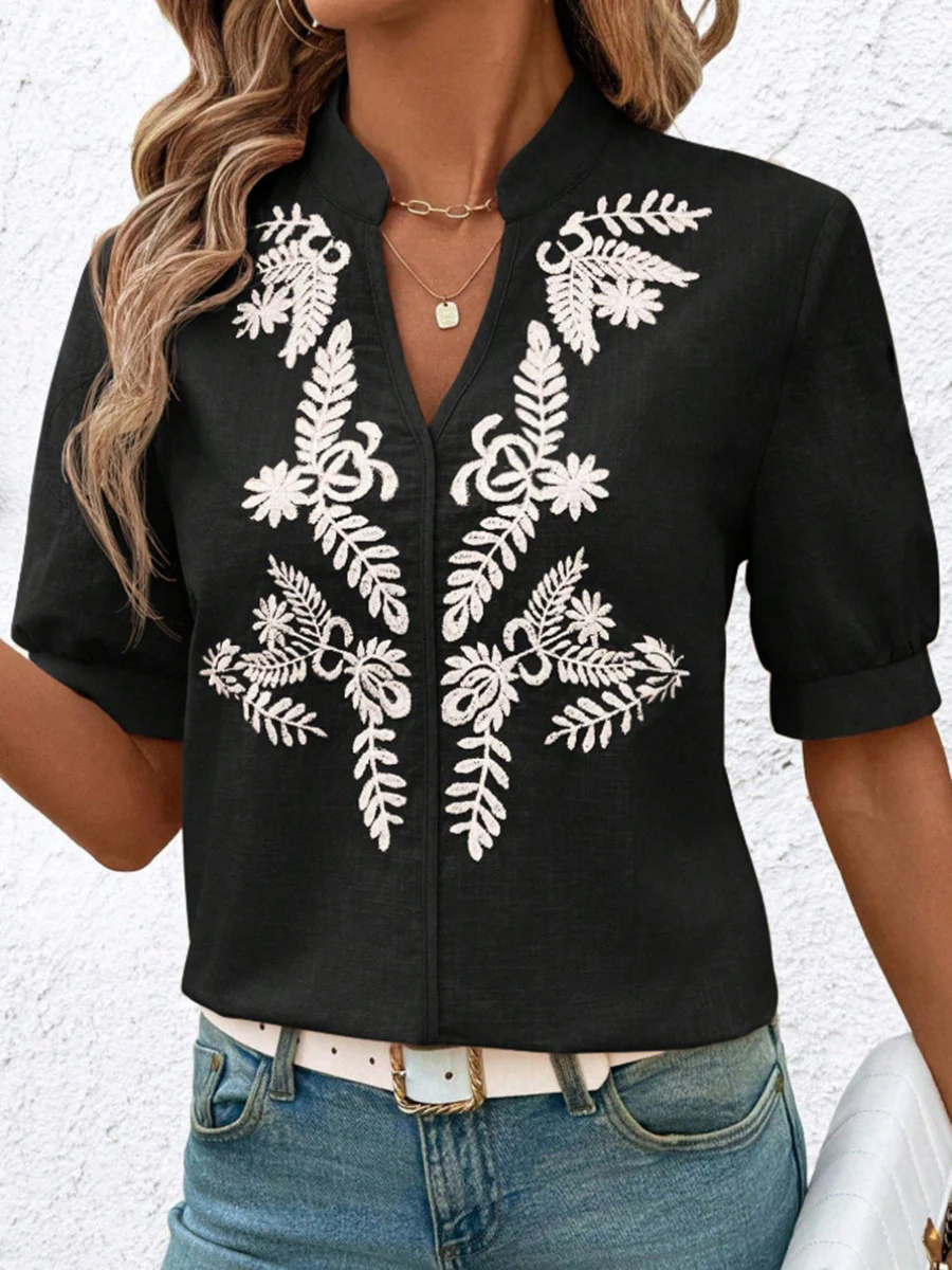 Loose Short Sleeves Flower-Embellished Contrast Color Split-Joint Stand Collar Blouses&Shirts Tops - Image 3