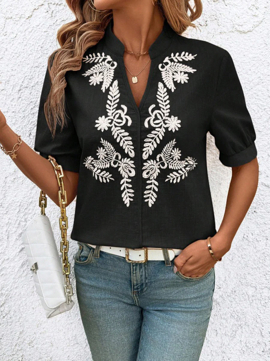 Loose Short Sleeves Flower-Embellished Contrast Color Split-Joint Stand Collar Blouses&Shirts Tops - Image 4