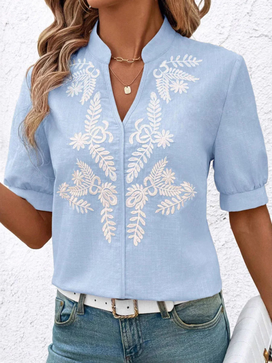 Loose Short Sleeves Flower-Embellished Contrast Color Split-Joint Stand Collar Blouses&Shirts Tops - Image 5
