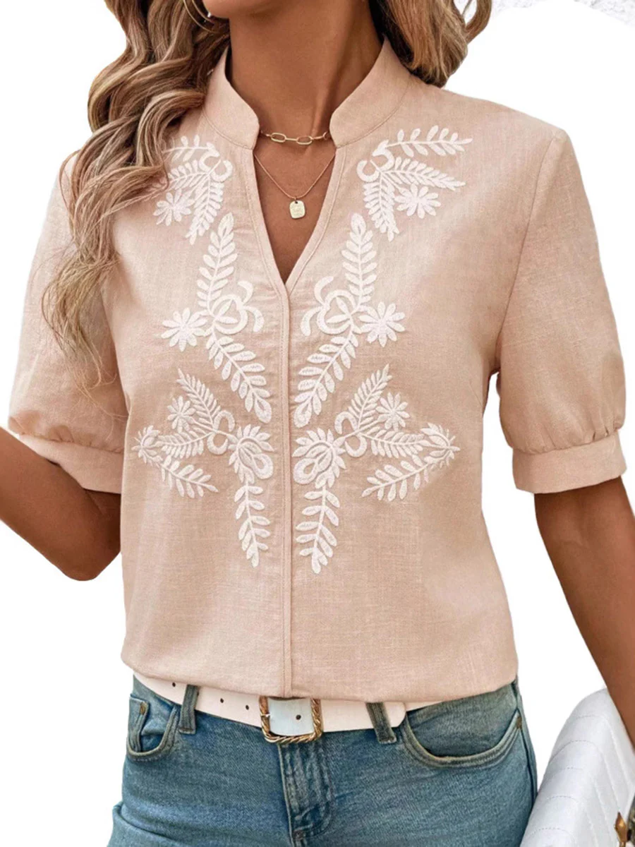 Loose Short Sleeves Flower-Embellished Contrast Color Split-Joint Stand Collar Blouses&Shirts Tops - Image 8