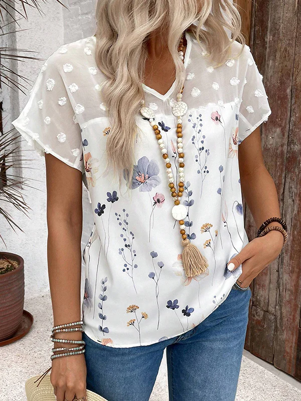 Loose Short Sleeves Flower Print Jacquard Split-Joint V-Neck T-Shirts Tops - Image 2