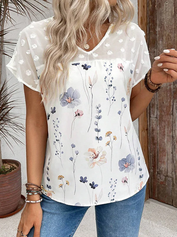 Loose Short Sleeves Flower Print Jacquard Split-Joint V-Neck T-Shirts Tops - Image 3
