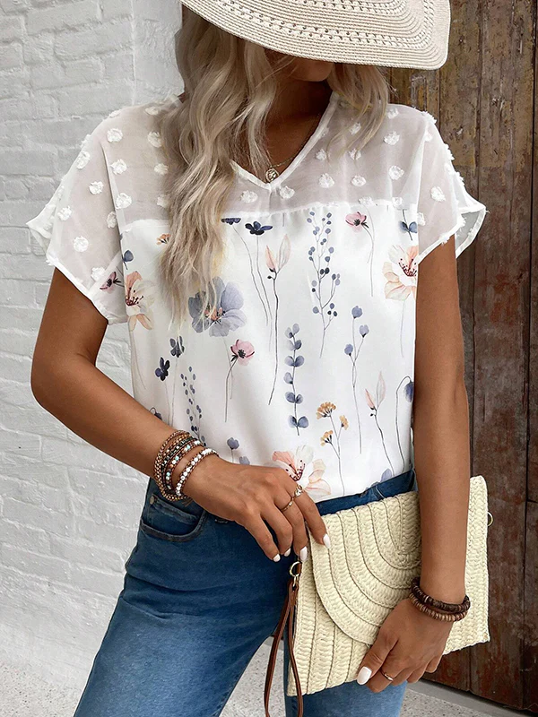 Loose Short Sleeves Flower Print Jacquard Split-Joint V-Neck T-Shirts Tops - Image 4