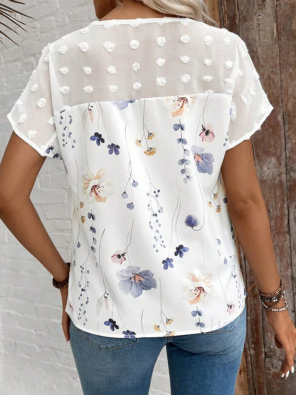 Loose Short Sleeves Flower Print Jacquard Split-Joint V-Neck T-Shirts Tops - Image 5