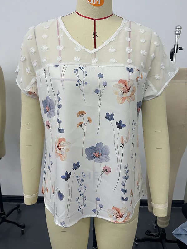 Loose Short Sleeves Flower Print Jacquard Split-Joint V-Neck T-Shirts Tops - Image 6