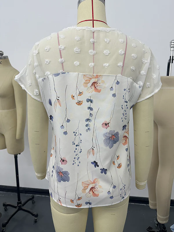 Loose Short Sleeves Flower Print Jacquard Split-Joint V-Neck T-Shirts Tops - Image 7