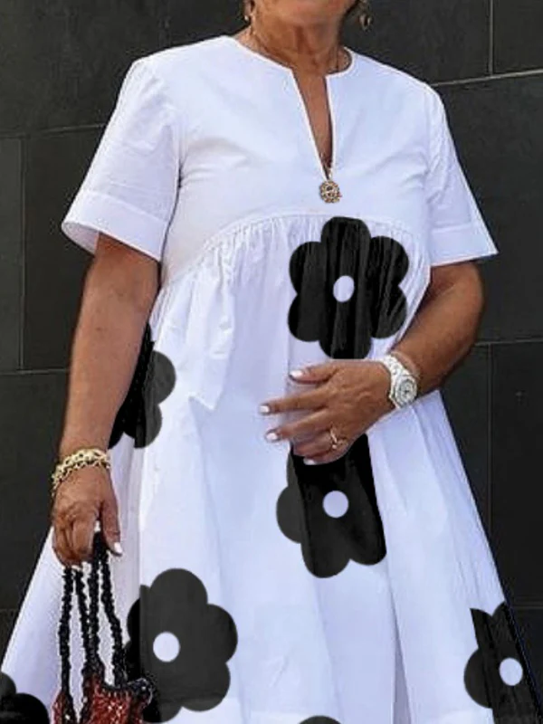 Loose Short Sleeves Flower Print V-Neck Midi Dresses - Image 2