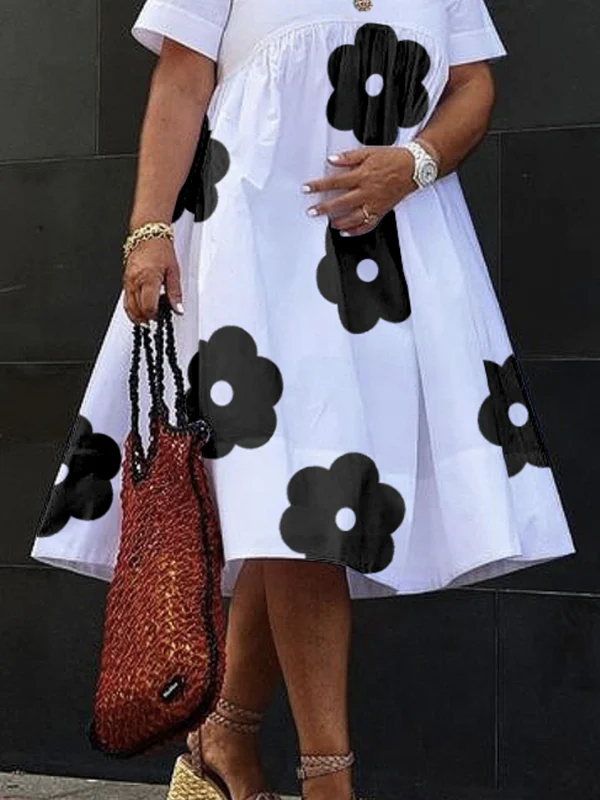 Loose Short Sleeves Flower Print V-Neck Midi Dresses - Image 3