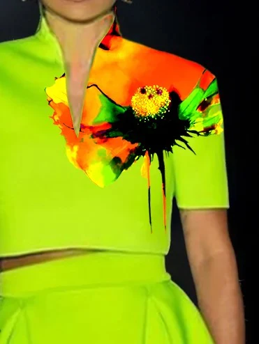 Loose Short Sleeves Flower Print V-Neck T-Shirts Tops - Image 3