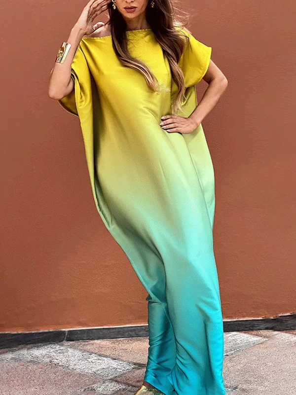 Loose Short Sleeves Gradient One-Shoulder Maxi Dresses - Image 2