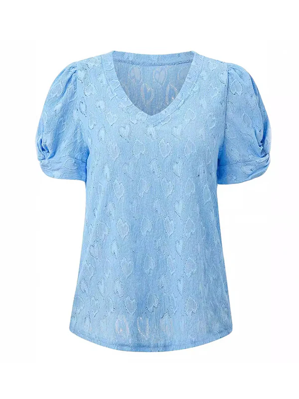 Loose Short Sleeves Heart Print Knot Pleated Solid Color Split-Joint V-Neck T-Shirts Tops - Image 13