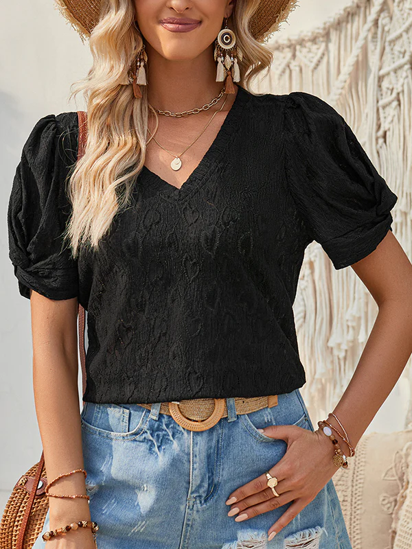Loose Short Sleeves Heart Print Knot Pleated Solid Color Split-Joint V-Neck T-Shirts Tops - Image 2
