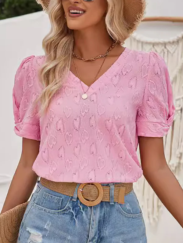 Loose Short Sleeves Heart Print Knot Pleated Solid Color Split-Joint V-Neck T-Shirts Tops - Image 3
