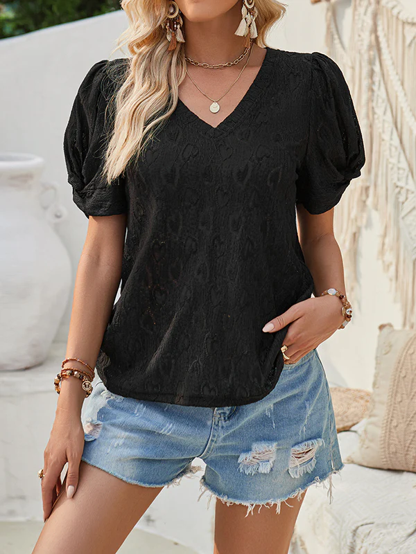 Loose Short Sleeves Heart Print Knot Pleated Solid Color Split-Joint V-Neck T-Shirts Tops - Image 7