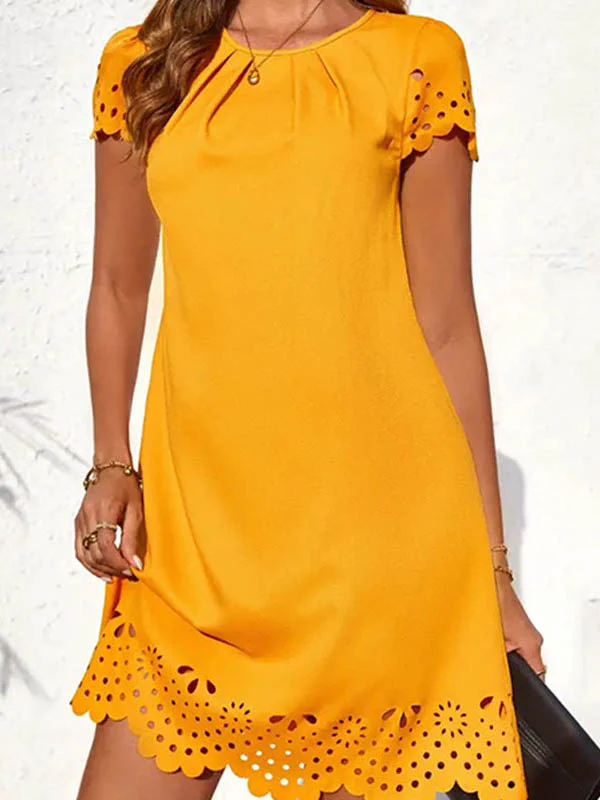 Loose Short Sleeves Hollow Pleated Solid Color Split-Joint Round-Neck Mini Dresses