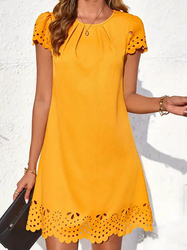 Loose Short Sleeves Hollow Pleated Solid Color Split-Joint Round-Neck Mini Dresses - Image 6