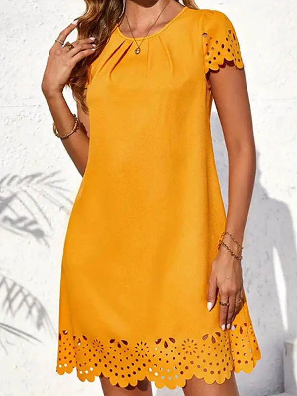 Loose Short Sleeves Hollow Pleated Solid Color Split-Joint Round-Neck Mini Dresses - Image 7