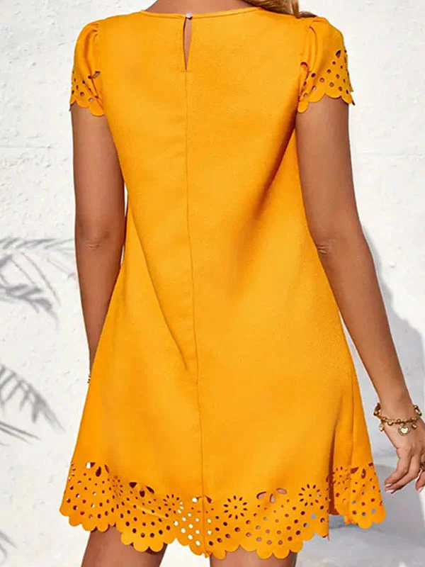 Loose Short Sleeves Hollow Pleated Solid Color Split-Joint Round-Neck Mini Dresses - Image 8