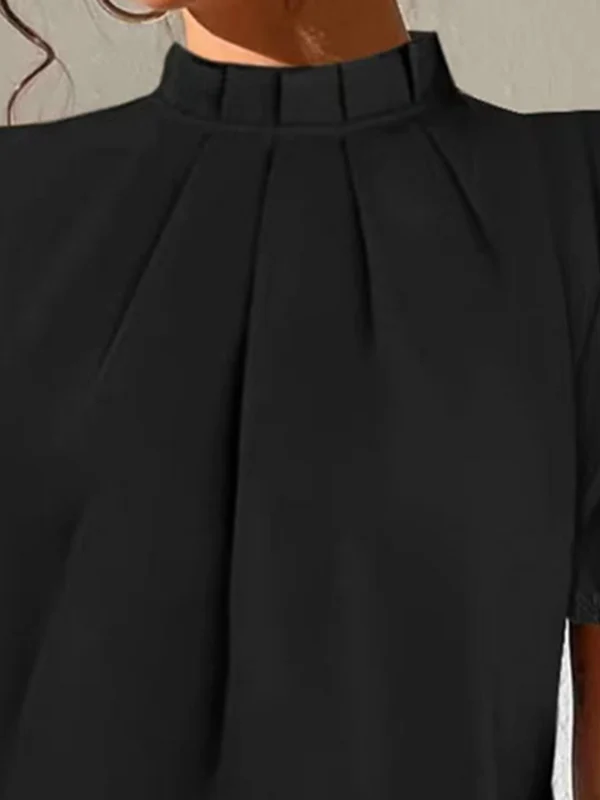 Loose Short Sleeves Hollow Pleated Solid Color Split-Joint Stand Collar Blouses - Image 2