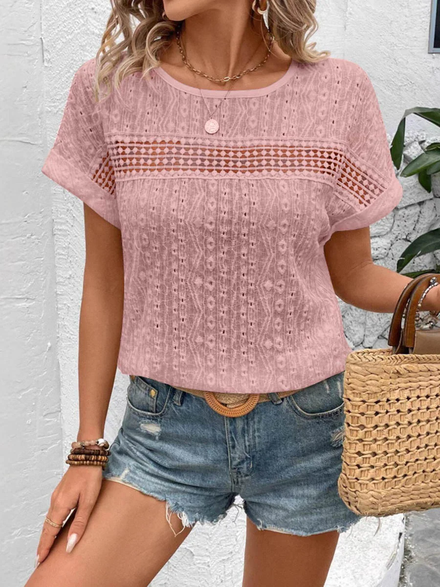 Loose Short Sleeves Hollow Print Solid Color Split-Joint Textured Round-Neck Blouses&Shirts Tops - Image 14