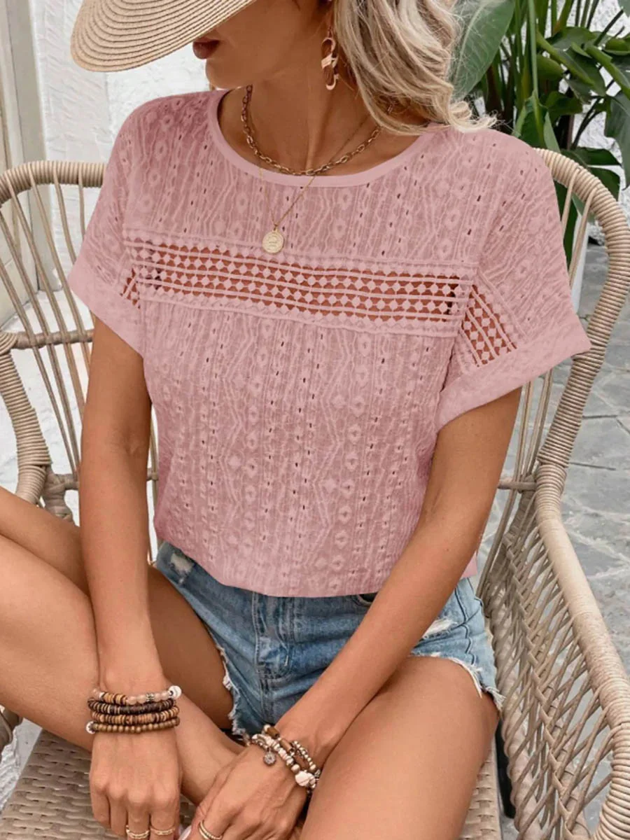 Loose Short Sleeves Hollow Print Solid Color Split-Joint Textured Round-Neck Blouses&Shirts Tops - Image 16