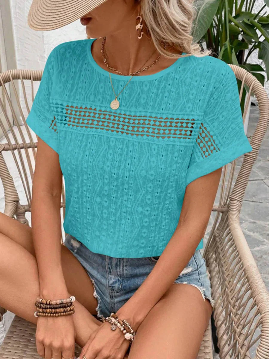 Loose Short Sleeves Hollow Print Solid Color Split-Joint Textured Round-Neck Blouses&Shirts Tops - Image 18