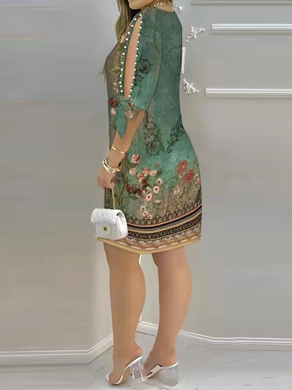 Loose Short Sleeves Hollow Printed Split-Joint Round-Neck Mini Dresses - Image 2