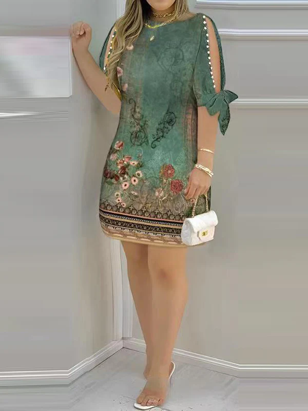 Loose Short Sleeves Hollow Printed Split-Joint Round-Neck Mini Dresses - Image 3