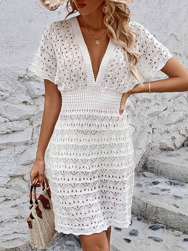 Loose Short Sleeves Hollow See-Through Solid Color Deep V-Neck Mini Dresses - Image 12